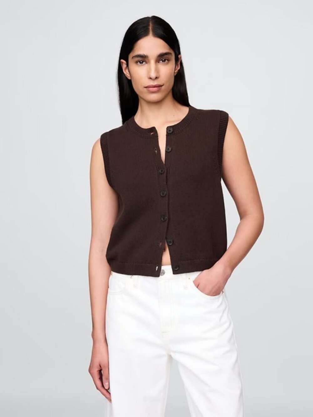 GAP 100% Cotton Cropped Cardigan Sweater Vest Button Front Terra Brown XXS EUC - Picture 9 of 10